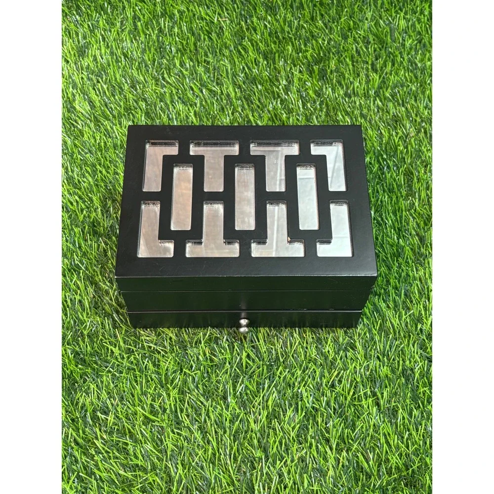 Black Wooden Jewelry Box Greek Key Mirrored Inlay 2 Tier Storage Organizer‎